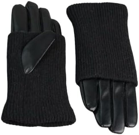 Faux Fur Trimmed Vegan Leather Gloves, Grey/Black, Ribbed Knit Cuff, Warm & Stylish for Cold Weather in Saudi Arabia