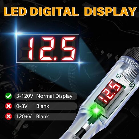 اختبار الضوء للسيارات 3-120 فولت تيار مستمر LED جهاز اختبار الدائرة الرقمية مع عرض الجهد، جهاز اختبار الجهد الكهربائي ثنائي الاتجاه التلقائي، قلم اختبار كهربائي لصمامات استمرارية قطبية بطارية السيارة in Kuwait
