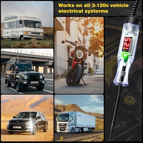 اختبار الضوء للسيارات 3-120 فولت تيار مستمر LED جهاز اختبار الدائرة الرقمية مع عرض الجهد، جهاز اختبار الجهد الكهربائي ثنائي الاتجاه التلقائي، قلم اختبار كهربائي لصمامات استمرارية قطبية بطارية السيارة in Kuwait