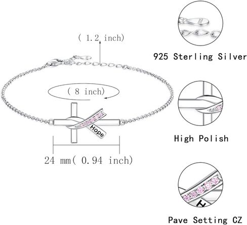 925 Sterling Silver Pink Ribbon Cross Bracelet for Breast Cancer Awareness Inspirational Gift for Women in Saudi Arabia
