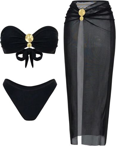 GORGLITTER Women's 3 Piece Swimsuits Metal Strapless Bandeau Bikini Sets with Cover Up Skirts in Saudi Arabia