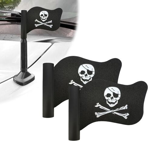 2 PCS Pirate Flag Car Antenna Toppers, Skull Crossbones Pattern Automotive Antenna Top Covers, Flag Shape Antennas Ornaments Creepy Skeleton Exterior Decor for Most Vehicles in Saudi Arabia