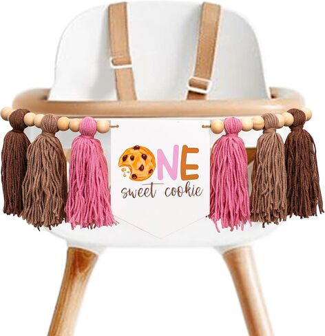 One Sweet Cookie High Chair Banner - Cookie And Milk Theme First Birthday Highchair Banner, Pink and Brown Tassel Garland For 1st Birthday Party (cookie pink tassel) in Saudi Arabia