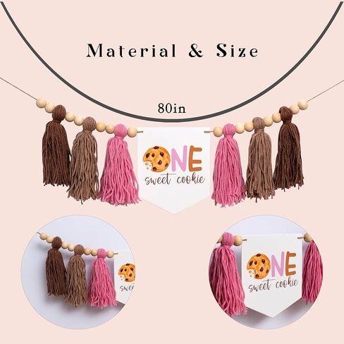 One Sweet Cookie High Chair Banner - Cookie And Milk Theme First Birthday Highchair Banner, Pink and Brown Tassel Garland For 1st Birthday Party (cookie pink tassel) in Saudi Arabia