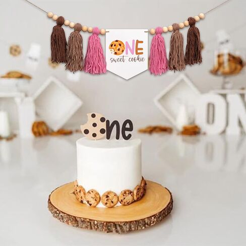 One Sweet Cookie High Chair Banner - Cookie And Milk Theme First Birthday Highchair Banner, Pink and Brown Tassel Garland For 1st Birthday Party (cookie pink tassel) in Saudi Arabia