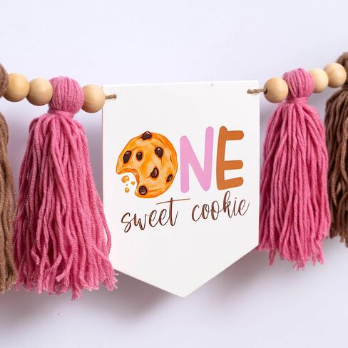 One Sweet Cookie High Chair Banner - Cookie And Milk Theme First Birthday Highchair Banner, Pink and Brown Tassel Garland For 1st Birthday Party (cookie pink tassel) in Saudi Arabia