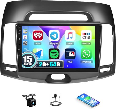 ستيريو سيارة 2G/64G Android 13 لسيارة Hyundai Elantra 2007-2010 مع نظام Apple Carplay اللاسلكي ونظام تحديد المواقع العالمي للملاحة بنظام Android التلقائي، شاشة لمس 9 بوصات صوت هاي فاي بلوتوث/WiFi/SWC/USB+كاميرا احتياطية وميكروفون in Saudi Arabia