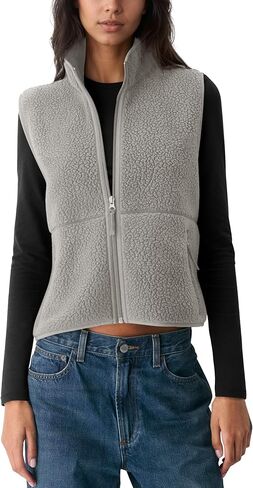 Gacaky Womens Sleeveless Cropped Fleece Vest Warm Sherpa Casual Zip Vest Fall Winter Lightweight Cozy Outerwear with Pockets in Saudi Arabia