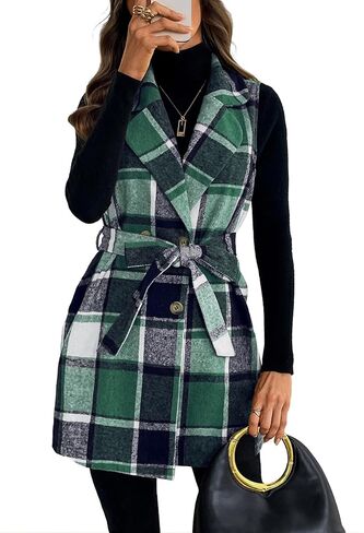 Women's Brushed Plaid Vest, Sleeveless Double Breasted Waist Tie Cardigan Blazer Jacket Coat in Saudi Arabia