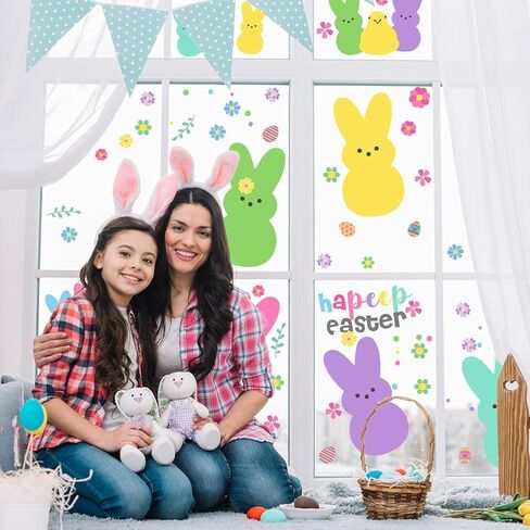 ملصقات نافذة عيد الفصح، 97 قطعة من ملصقات نافذة الترحيب بالأرنب، ملصقات زجاجية على شكل بيضة الأرنب السعيدة الكرتونية، إزالة 9 أوراق، ديكور الربيع لتزيين مكتب المدرسة المنزلية in Kuwait
