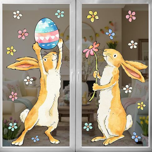 Easter Decorations Window Clings: Cute Little Bunny in the Potted Floral, Rustic Easter Rabbits with Carrot & Colored Eggs, Spring Window Clings for Kids Home Office Party Gifts, 3 Sheets in Saudi Arabia