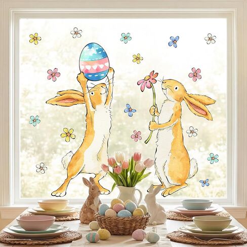 Easter Decorations Window Clings: Cute Little Bunny in the Potted Floral, Rustic Easter Rabbits with Carrot & Colored Eggs, Spring Window Clings for Kids Home Office Party Gifts, 3 Sheets in Saudi Arabia