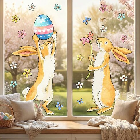 Easter Decorations Window Clings: Cute Little Bunny in the Potted Floral, Rustic Easter Rabbits with Carrot & Colored Eggs, Spring Window Clings for Kids Home Office Party Gifts, 3 Sheets in Saudi Arabia