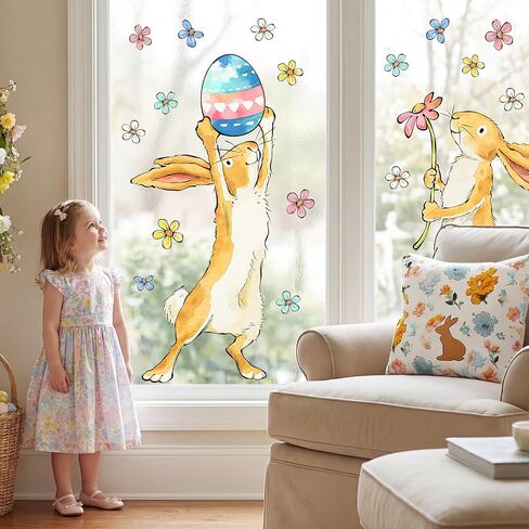 Easter Decorations Window Clings: Cute Little Bunny in the Potted Floral, Rustic Easter Rabbits with Carrot & Colored Eggs, Spring Window Clings for Kids Home Office Party Gifts, 3 Sheets in Saudi Arabia