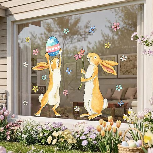 Easter Decorations Window Clings: Cute Little Bunny in the Potted Floral, Rustic Easter Rabbits with Carrot & Colored Eggs, Spring Window Clings for Kids Home Office Party Gifts, 3 Sheets in Saudi Arabia