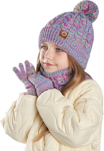 Kids Winter Hat Gloves Scarf Set,Girl Toddler Beanie Warm Fleece Beanie Knit Neck Scarf Mittens For Children 3-12 Years in Kuwait