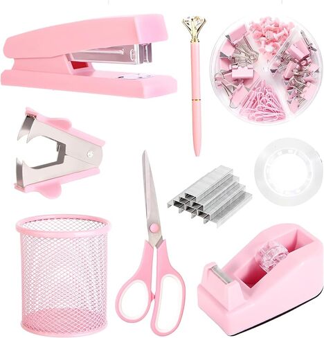 Gold Desk Accessories, Office Supplies Set with Acrylic Stapler, Tape Dispenser, Staple Remover, Pen Holder, Scissor, Binder Paper Clips, 1 Ballpoint Pen, 1 Clear Tape and 1000pcs Staples in Kuwait