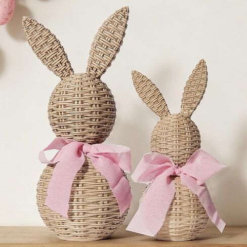 WDS WONDROUS Rattan Effect Resin Bunnies with Light Pink Bow 2-Pcs Large & Small, Easter Decorations Bunny Figurines Set, Farmhouse Spring Table Centerpiece Decor for Home Wedding Gift in Saudi Arabia
