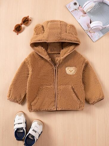 Toddler Boys Fleece Hooded Jacket, Bear Ears Hood with Teddy Bear Embroidery, Zip-Up Winter Coat in Saudi Arabia