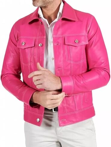 Men's Genuine Lambskin Leather Denim Shirt Style Pink Trucker Jacket Moto Biker Buttoned Down Jacket in Saudi Arabia