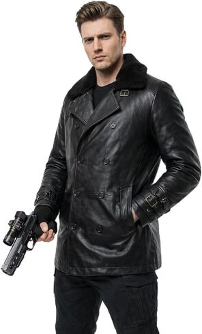 RE9 Leon Kennedy Leather Coat – Men’s Black Fur Collar Double Breasted Long Leather Trench Jacket in Kuwait