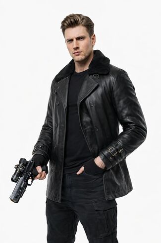 RE9 Leon Kennedy Leather Coat – Men’s Black Fur Collar Double Breasted Long Leather Trench Jacket in Kuwait