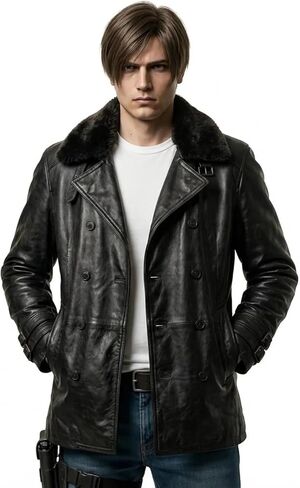 RE9 Leon Kennedy Leather Coat – Men’s Black Fur Collar Double Breasted Long Leather Trench Jacket in Kuwait