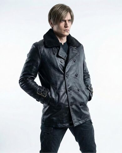 RE9 Leon Kennedy Leather Coat – Men’s Black Fur Collar Double Breasted Long Leather Trench Jacket in Kuwait