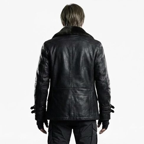 RE9 Leon Kennedy Leather Coat – Men’s Black Fur Collar Double Breasted Long Leather Trench Jacket in Kuwait