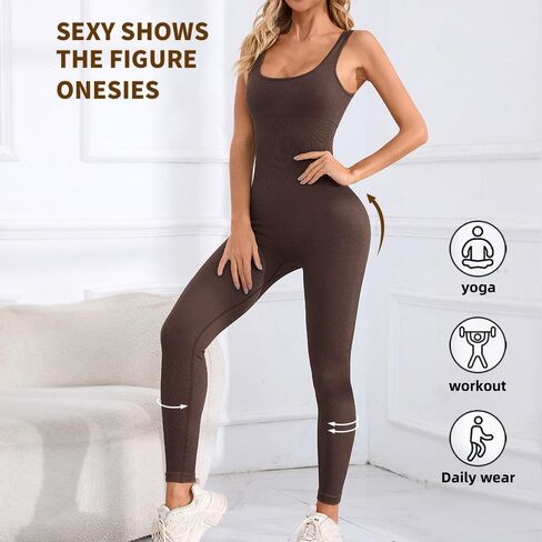 Jumpsuits for Women Workout Seamless Jumpsuit Yoga, Tummy Control Ribbed One Piece Romper Bodycon for Gym Workout Set in Saudi Arabia