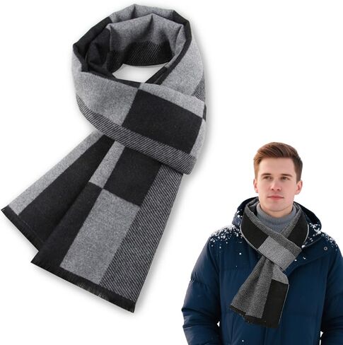 وشاح رجالي - وشاح شتوي دافئ طويل ناعم منقوش بشراشيب للرجال، مزيج أكريليك خفيف الوزن، أوشحة عصرية كلاسيكية للخريف والطقس البارد، إكسسوار هدية أنيق للرجال in Kuwait