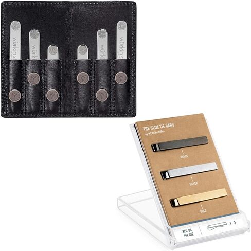 مجموعة السفر ذات الياقة المغناطيسية المتنوعة من Würkin Stiffs | حافظة محفظة جلدية سوداء | مجموعة مشبك شريط التعادل النحيف | مجموعة من 3 مشابك ربطة عنق مصقولة مقاس 1.65 بوصة | كما رأينا في Shark Tank in Kuwait