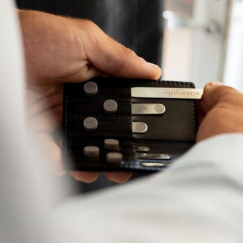 مجموعة السفر ذات الياقة المغناطيسية المتنوعة من Würkin Stiffs | حافظة محفظة جلدية سوداء | مجموعة مشبك شريط التعادل النحيف | مجموعة من 3 مشابك ربطة عنق مصقولة مقاس 1.65 بوصة | كما رأينا في Shark Tank in Kuwait