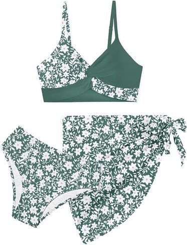 Girls Swimsuit, Bathing Suits 3 Piece Tropical Floral Twist Cross Bikini Sets Girls' Swimwear with Cover Up Skirt 7-16T in Kuwait