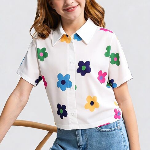 Girls Floral Shirts Button Down Blouse Short Sleeve Top Shirt Collar Casual Spring Summer Wear Daily Outfit Set in Saudi Arabia