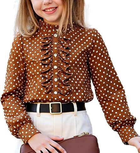 Girls Puff Sleeves Polka Dot Shirt Ruffled Button-Down Chiffon Blouse Size 8-12 Years in Saudi Arabia