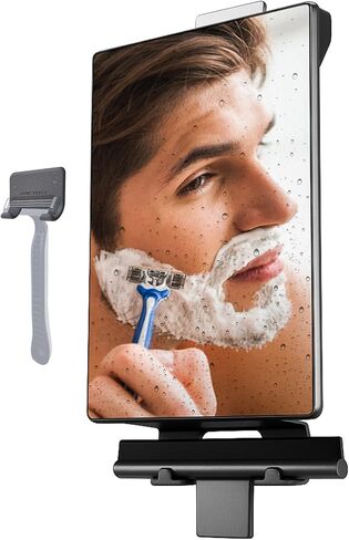 مرآة دش بدون ضباب من HONEYBULL للحلاقة - مرآة مضادة للضباب للاستحمام مع خزان مياه، حامل خطاف لاصق، حامل ماكينة حلاقة إضافي وممسحة - للرجال والنساء، ملحقات حمام صغيرة (أسود) in Kuwait