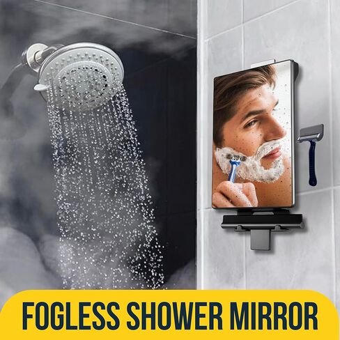 مرآة دش بدون ضباب من HONEYBULL للحلاقة - مرآة مضادة للضباب للاستحمام مع خزان مياه، حامل خطاف لاصق، حامل ماكينة حلاقة إضافي وممسحة - للرجال والنساء، ملحقات حمام صغيرة (أسود) in Kuwait