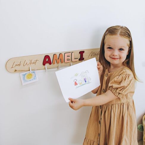 Personalized “Look What I Made" Sign for Kids, Wooden Art Display Board with Name, Hanging Artwork Organizer for Children’s Room, Custom Gift for Kids in Saudi Arabia