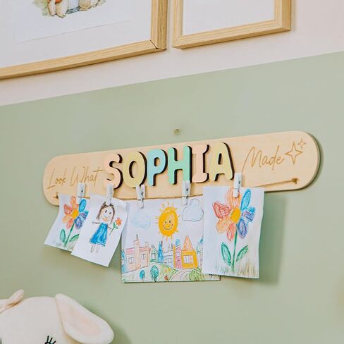 Personalized “Look What I Made" Sign for Kids, Wooden Art Display Board with Name, Hanging Artwork Organizer for Children’s Room, Custom Gift for Kids in Saudi Arabia