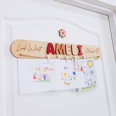 Personalized “Look What I Made" Sign for Kids, Wooden Art Display Board with Name, Hanging Artwork Organizer for Children’s Room, Custom Gift for Kids in Saudi Arabia