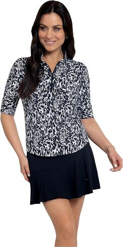 IBKUL Athleisure Wear Sun Protective UPF 50+ Icefil Cooling Karen Print Ruched Elbow Sleeve Mandarin Collar Top - 41110 in Kuwait