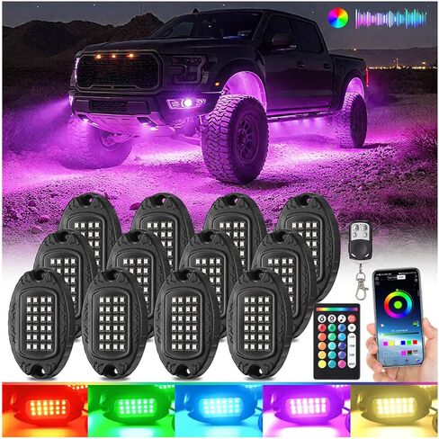 12 قرنًا من الألومنيوم متعدد الألوان RGB LED أضواء الصخور لشاحنة Jeep RV ATV UTV عربة الجولف للطرق الوعرة مع جهاز تحكم عن بعد APP/RF، معدن IP68 مقاوم للماء طقم Underglow ثنائي المنطقة نيون خارجي ضوء سفلي 12 فولت in Kuwait