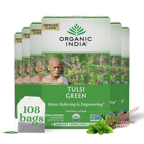 Organic India Tulsi Green Herbal Tea - Holy Basil, Stress Relieving & Empowering, Immune Support, Vegan, USDA Certified Organic, Premium Darjeeling Green Tea, Caffeinated - 18 Infusion Bags, 6 Pack in Kuwait