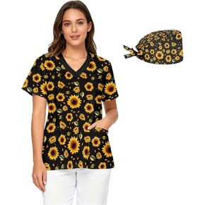 Womens Medical Scrub Tops with Scrub Cap - Soft Stretch,Quick Dry V-Neck Scrub Tops with 2 Pockets S-5XL in Saudi Arabia