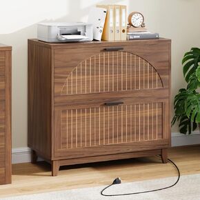 خزانة الملفات الجانبية ذات درجين مع محطة شحن للملفات المعلقة بحجم قانوني/حرف/A4، خزانات تخزين الملفات الكبيرة الحديثة المخددة، حامل الطابعة للمكتب المنزلي، خشب الجوز in Kuwait