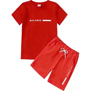 طقم صيفي للأولاد مكون من قطعتين تي شيرت بأكمام قصيرة وطبعة حروف رائعة وشورت بخصر مطاطي مقاس 5-10 سنوات in Kuwait