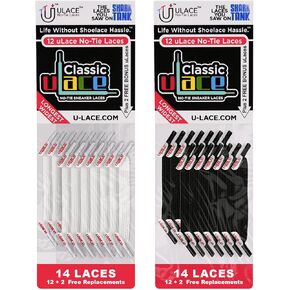 أربطة أحذية U-Lace uLace الكلاسيكية بدون رباط - أربطة أحذية مرنة للأحذية الرياضية وأحذية الجري - قابلة للتمدد، منسوجة لتوفير الراحة - سهلة التركيب وملاءمة مريحة - حزمة حزمة، 14 رباط أبيض و14 رباط أسود in Kuwait