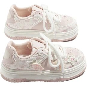 Cute Platform Sneakers Women Girls Teens, Kawaii Pink Fish Charm, Star Patch, Heart Patch, Height Boost, Comfy Non Slip in Saudi Arabia
