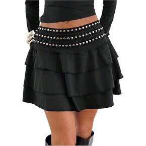 Women's Rivet Studded Mini Skirt Y2k Layered Ruffle Low Rise A Line Flowy Short Skirts in Kuwait